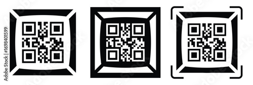  High-contrast black and white QR code with grid squares, centered in frame. Simple thin black border. Clean digital design, technical style, suitable for scanning or template use.