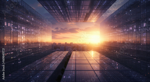 Futuristic digital cityscape with sunset glow, symbolizing innovation and future technology