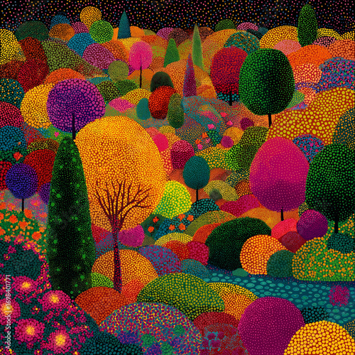 Colorful abstract dotted landscape with vibrant forest trees and blooming flowers in pointillism style fantasy garden