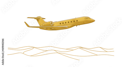 A luxurious golden private business jet soaring through abstract golden skies, a powerful symbol of wealth, freedom, and exclusive travel