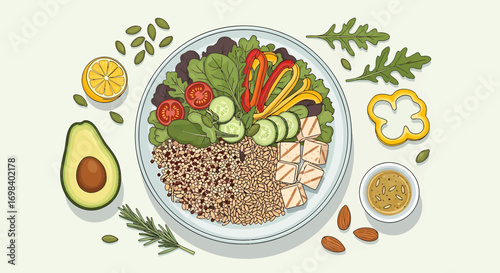 Delicious Buddha Bowl With Quinoa And Fresh Vegetables Illustration