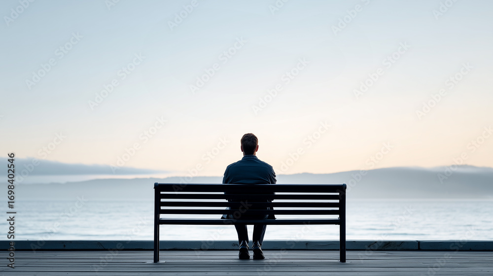 © GrayFrog - Rear view on a man sits alone on a bench with a view on sea - loneliness and mental health problems. © GrayFrog - Rear view on a man sits alone on a bench with a view on sea - loneliness and mental health problems.
