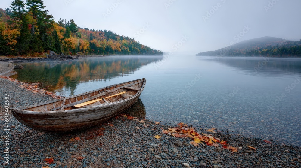 Obraz premium A lone boat rests on a pebbled shore by a serene lake, surrounded by autumnal trees in misty weather.