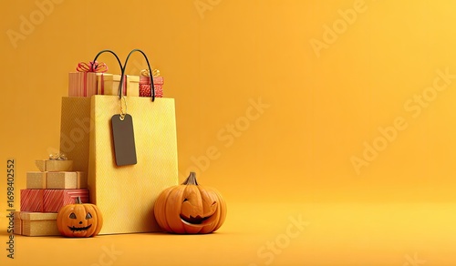 Halloween shopping bag filled with gifts and carved pumpkins.