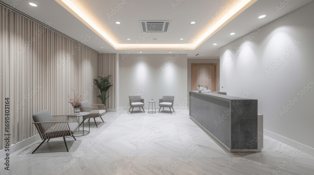 Fototapeta premium Empty, modern office reception area. The space features a sleek reception desk, a few minimalist chairs, and a small table with a subtle floral arrangement. The lighting is soft and professional