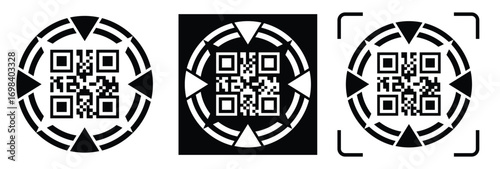  High-contrast black and white QR code with grid squares, centered in frame. Simple thin black border. Clean digital design, technical style, suitable for scanning or template use.
