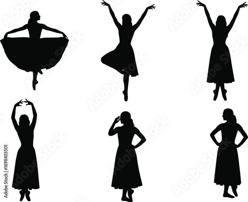 Dance silhouette set, expressive poses, black vector, dancer movement, choreography illustration, elegant stance, artistic gesture, body language, performance icon
