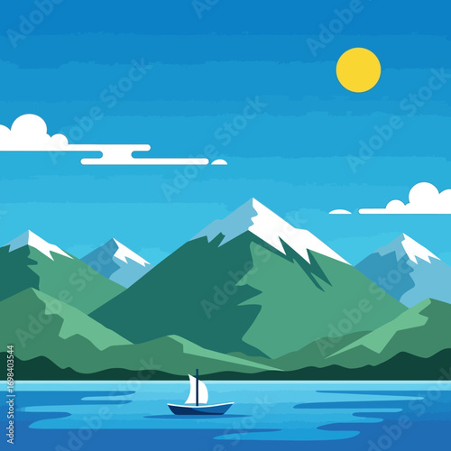 Small sailboat on calm lake with majestic mountains.