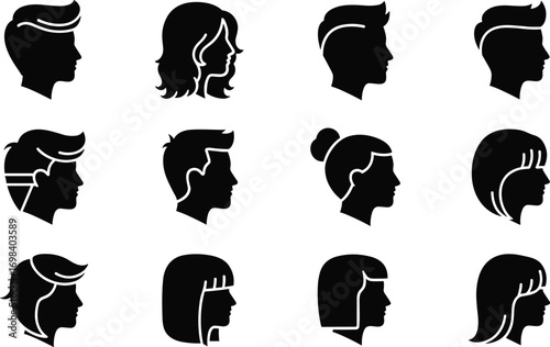 Hairstyle, silhouette, profile, head, woman, man, haircut, fashion, black, icon, design, style, trendy, modern, wavy, straight, bun, bob, bangs, layered