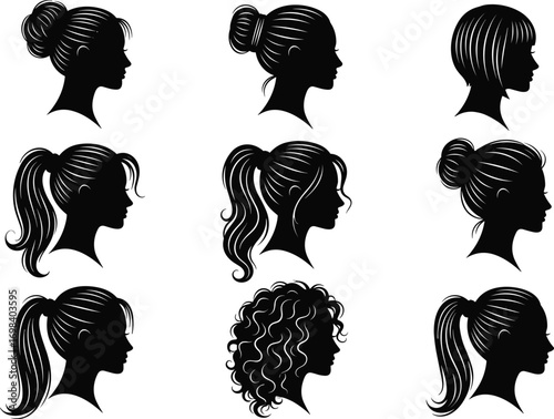 Hairstyle, silhouette, woman, ponytail, bun, bob, curly, straight, bangs, profile, head, fashion, beauty, icon, black, design, female, hair, style, grid