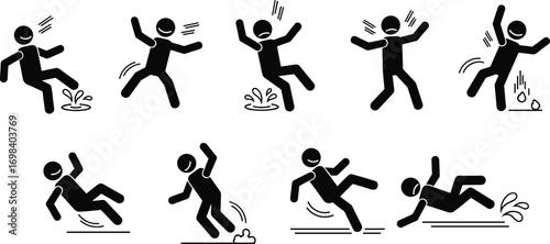 Slip, fall, silhouette, accident, hazard, safety, warning, person, impact, motion, wet, surface, danger, stumble, injury, icon, signage, awareness, prevention, caution