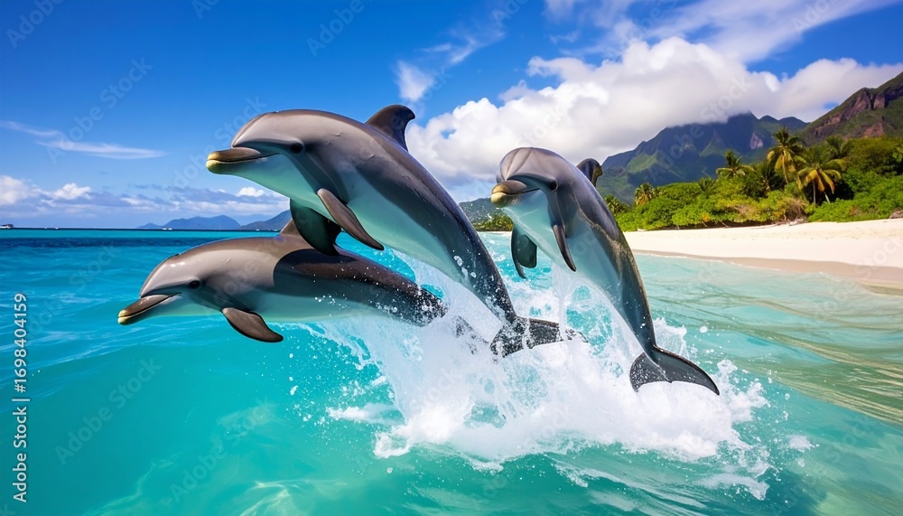 Fototapeta premium Three Dolphins Leaping Joyfully in Tropical Paradise
