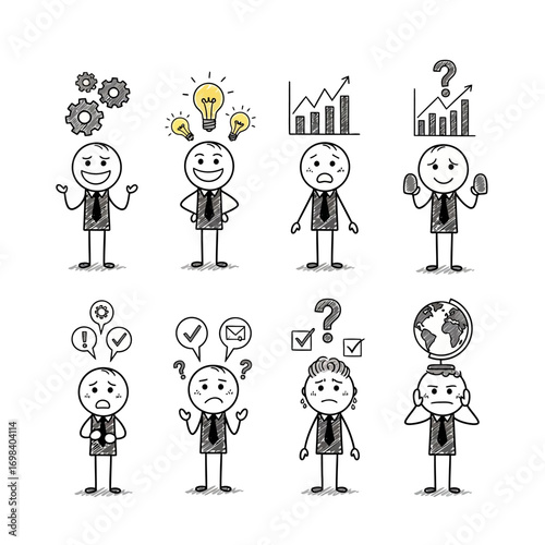 Stick figures depicting various business emotions and thoughts.