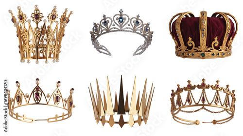 Collection of royal crowns isolated on transparent background, symbol of power and authority concept