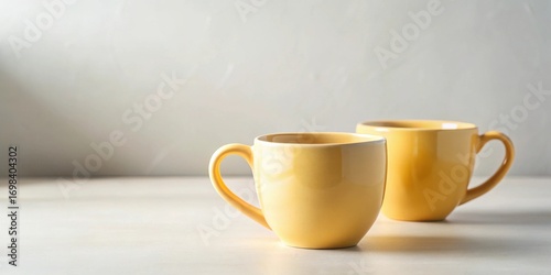 Two Pale Yellow Ceramic Mugs on a Light Tabletop with a Neutral Background