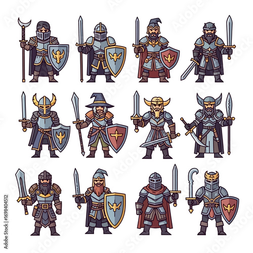 Twelve fantasy knights various armors weapons.