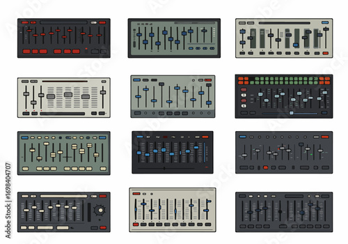 Collection of digital audio mixer and equalizer control panels, ideal for music production software, sound engineering, and creative audio applications.