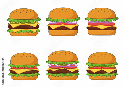 Six vibrant cartoon hamburgers, featuring cheeseburger, onion, tomato, and pickle variations, perfect for fast food menu designs and illustrations.