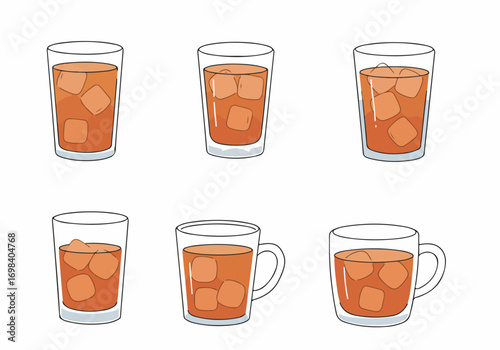 Illustrated collection of refreshing iced drinks in various glasses and mugs with ice cubes, set against a clean white background.