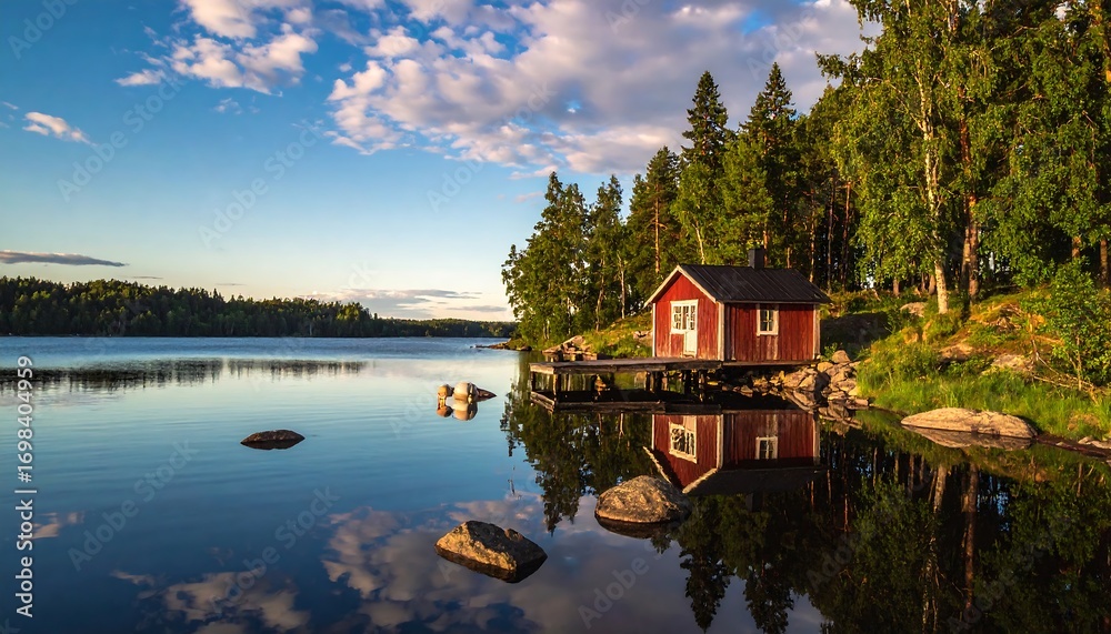 Obraz premium Lakeside cabin at sunset