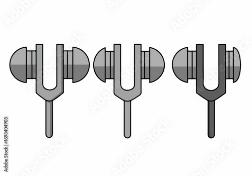 Three grey stylized tuning fork icons, depicted in a flat and minimalist design, isolated on a clean white background, representing sound, music, and precision.