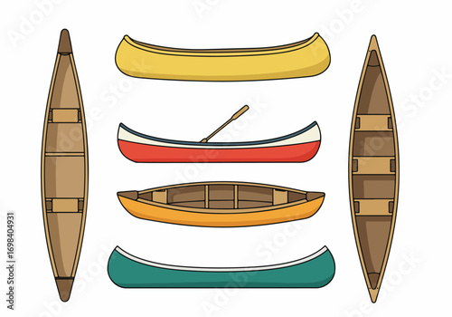 Collection of Illustrated Canoes and Paddle: Diverse Views and Colors for Outdoor Adventures, Recreation, and Water Sports Vector Graphic Set