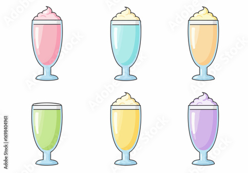 Collection of six vibrant pastel milkshakes and smoothies, some with whipped cream, in a charming cartoon illustration style.