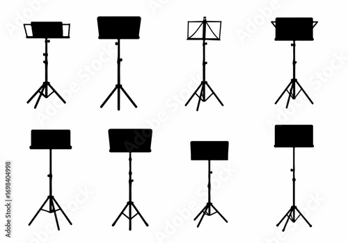 Eight diverse black silhouettes of music stands, illustrating various designs for holding sheet music and orchestrating performances.
