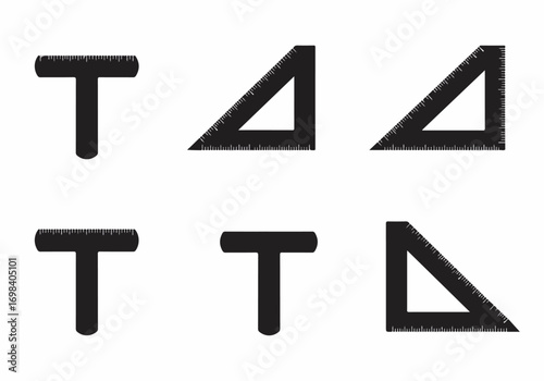 Collection of black silhouette drafting tools: T-squares and set squares with precise measurements, ideal for architecture, engineering, and design projects.