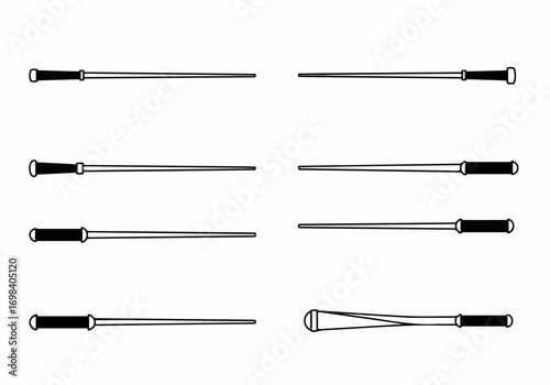 Collection of stylized magic wands with various handle designs, depicted in simple black and white outline vector illustration on a white background.