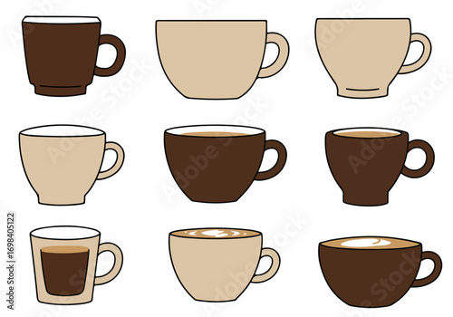 Collection of Stylized Coffee and Tea Cups with Various Beverages and Latte Art, Illustrative Vector Icons on White Background
