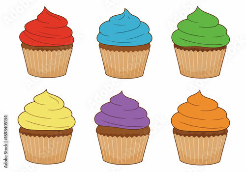 Colorful cartoon cupcakes with vibrant frosting, an assortment of sweet baked treats in red, blue, green, yellow, purple, and orange, on a white background.