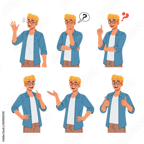Young Man Poses Showing Different Expressions.