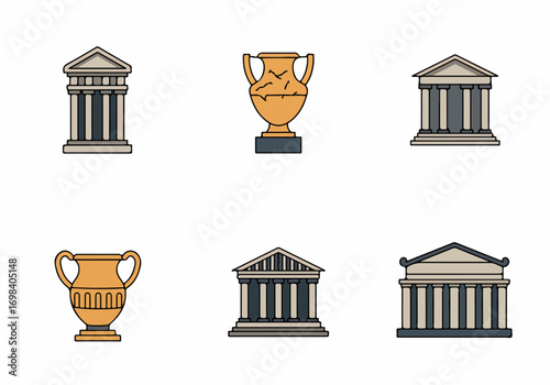 Flat vector icons depicting ancient Greek and Roman historical elements, including classical temples with columns and traditional amphora pottery vases.