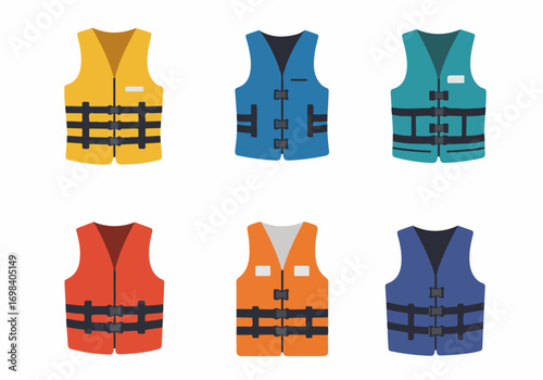 Colorful life vests in flat design style, safety equipment for water sports and swimming, isolated on white background.