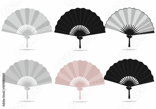 Collection of stylish flat design hand fans in grey, black, and pink, showcasing traditional Asian folding fan styles perfect for decorative or cultural themes.