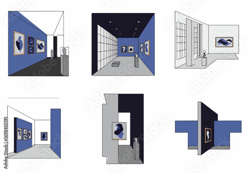 Minimalist and Conceptual Art Gallery Illustrations Set with Abstract Paintings and Sculptures in Contemporary Museum Spaces featuring Blue and Grey Tones
