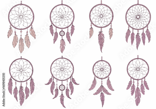 Collection of diverse dream catcher illustrations with feathers, featuring intricate web designs and bohemian style for spiritual and decorative concepts.