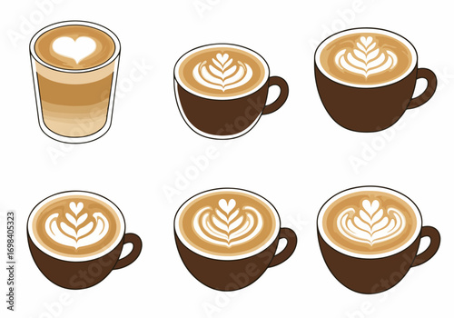 Vector illustration of various coffee beverages with exquisite latte art, showcasing hearts and rosetta patterns in cups and a glass.
