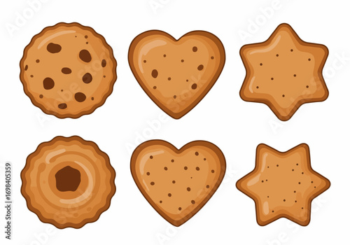 Collection of cartoon cookies in various shapes: round, heart, and star, perfect for baking, snacks, and holiday celebrations.