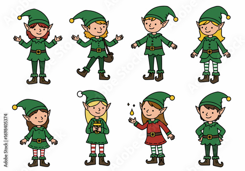A collection of cheerful cartoon Christmas elves, both male and female, in various poses, ready for holiday season activities and gift giving.
