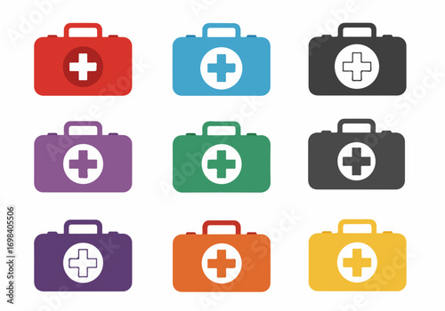 Colorful First Aid Kit Icons Collection for Medical Emergencies and Health Care