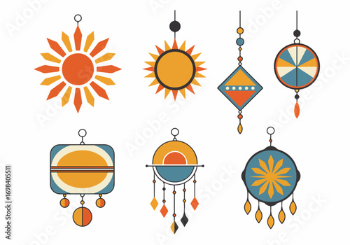 Collection of Retro Boho Sun and Geometric Hanging Decorative Elements