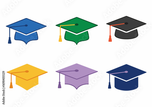 Six colorful graduation caps with tassels in a vector icon style, representing education, academic achievement, and commencement celebrations.