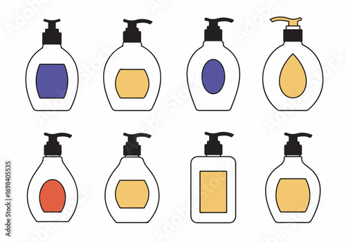 Collection of diverse minimalistic pump dispenser bottles, perfect for showcasing liquid soap, lotion, or sanitizer products with modern, clean branding on a white background.