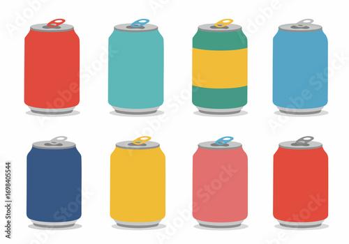 Colorful minimalist beverage cans with open and closed tabs, showcasing a variety of refreshing drink packaging in a flat vector style on a white background.