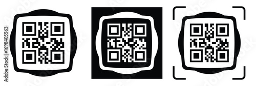 High-contrast black and white QR code with grid squares, centered in frame. Simple thin black border. Clean digital design, technical style, suitable for scanning or template use.