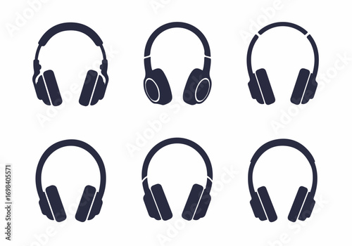 Collection of Six Headphone Icons: Various Designs of Over-Ear Audio Devices for Music, Communication, and Digital Media Listening