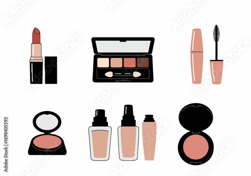 Minimalist vector illustration of essential beauty and makeup products including lipstick, eyeshadow, mascara, foundation, and blush.