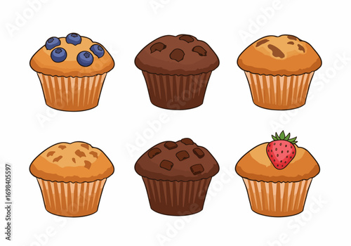 Assortment of cartoon muffins with various flavors including blueberry, chocolate, vanilla, and strawberry, ideal for sweet snack illustrations.